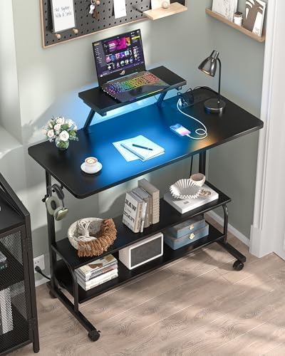 Height Adjustable Standing Desk with Power Outlets and LED Lights - 39" Manual Stand Up Desk with Monitor Stand and Storage Shelves Small Mobile Rolling Computer Desk Portable Laptop Table, Black - Image 2