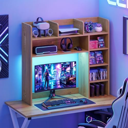 BECOMFORT Desk Hutch with LED Lights, Desk Organizer Shelf w/ 8 Storage Compartments, up to 25” Monitor, Wooden Display Rack, Desktop Bookshelf for Vanity Dressing Tabletop College Dorm Home & Office by BECOMFORT