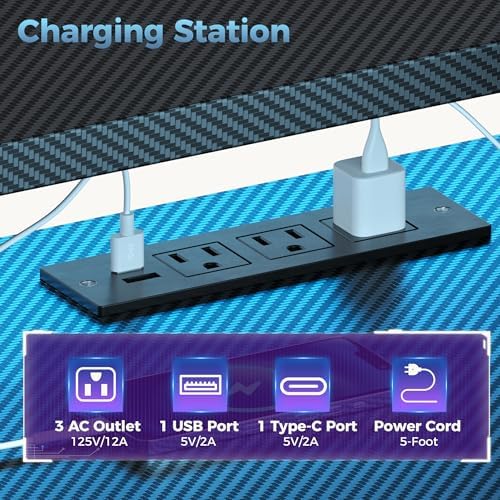 52" Reversible Gaming Desk with LED Lights Power Outlets, Black - Image 6