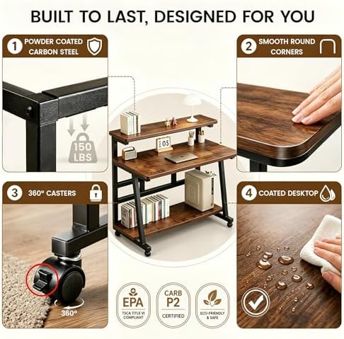31.5 Inch Compact Rolling Computer Desk with Tier Worktable & Lockable Wheels, Small Computer Desk, Small Desk for Bedroom, Mobile Writing Workstation Easy Assembly for Home Office Small Spaces - Image 7