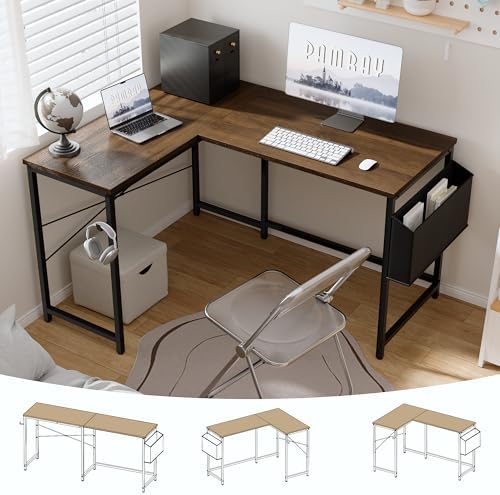 Pamray 47 Inch Reversible L Shaped Gaming Desk Corner Computer Desk with Storage Bag Home Office Table for Writing Study Brown by PAMRAY