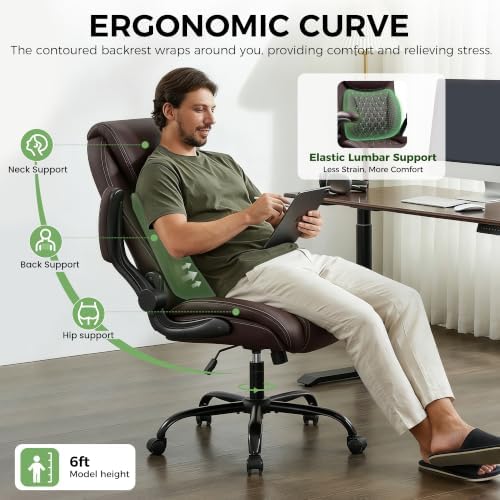 Office Chair, Ergonomic Executive Desk Chair with Lumbar Support for Lower Back Pain Relief, Padded Flip-Up Armrests, Leather Home Office Chair, Coffee - Image 3