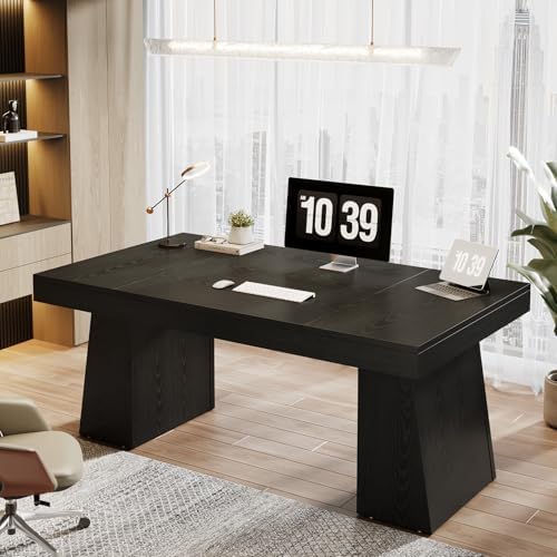 Tribesigns 55-Inch Executive Desk, Thick Wood Office Computer Desk with Double Pedestal, Modern Minimalist Workstations Writing Table Conference Table Furniture for Home Office, Black - Image 5