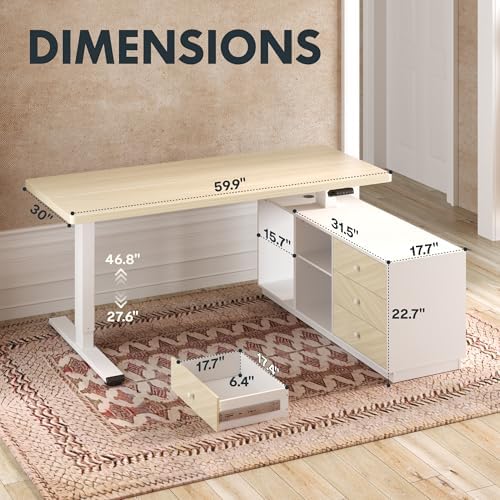 FLEXISPOT 60" Executive Standing Desk with File Cabinet, White Wood Grain - Image 2