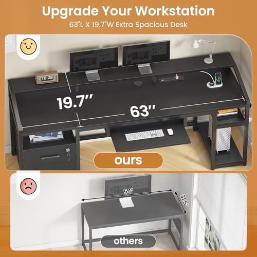 SEDETA 63" Computer Desk, Office Desk with Lockable Drawers for Legal/Letter File, Gaming Desk with LED Lights & Power Outlet, Home Office Desks with Storage, Black - Image 5