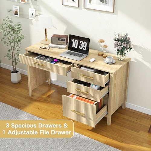 Executive Desk with Drawers: 54" Oak Home Office Desks with File Drawer - Image 3