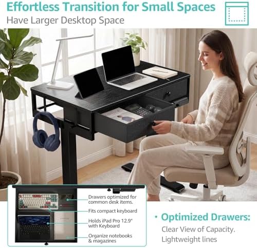 KLUVIS Black Sit Stand Desk with Drawers, 32 Inch Electric Standing Desk with Storage, Small Space Stand Up Computer Desks for Home Office Bedroom, Study Writing Desks for Walking Pad - Image 6