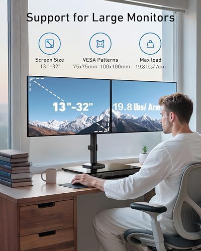 HUANUO Freestanding Dual Monitor Stand, 32 Inch Dual Monitor Mount for 2 Screens, Holds up to 19.8 lbs per Arm, Gaming Monitor Arm Riser with Tempered-Glass Base, Tilt, Swivel, Rotation, Black - Image 2