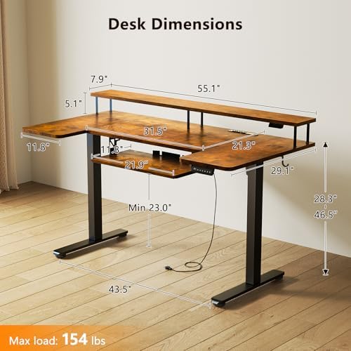 OffiGo 55 Inch U Shaped Standing Desk with Keyboard Tray, Rustic Brown - Image 3