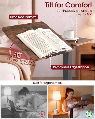 Sakugi Overbed Bedside Table with Wheels, Right-Side Tilt Top, 29.1"–39" H - Image 4