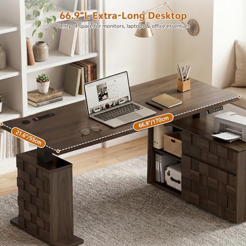 67" L Shaped Standing Desk with Drawers Electric Corner Desk Brown - Image 4