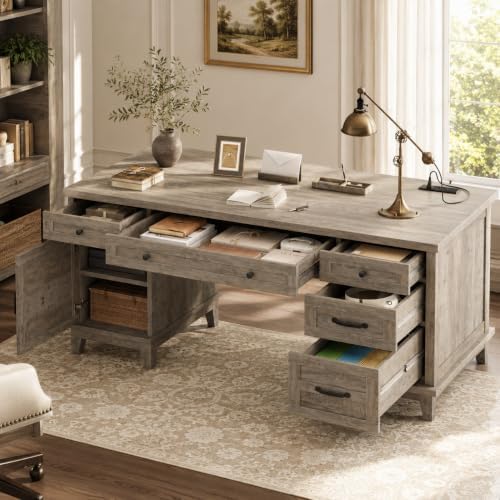 60" Farmhouse Executive Desk with File Drawers, Rustic Gray by SLEKVERSA