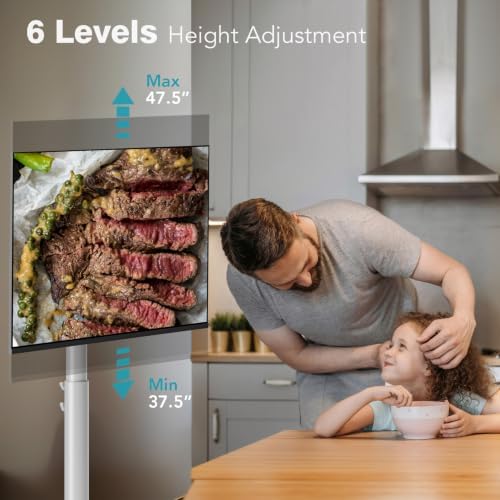 Floor Mobile TV Stand with Power Outlet, Rolling TV Cart for 27-70 Inch OLED LED Monitors, 6 Levels of Height Adjustment, Ambient Lighting on the Bottom Wheels Holds up to 88lbs, 400x400mm - Image 4