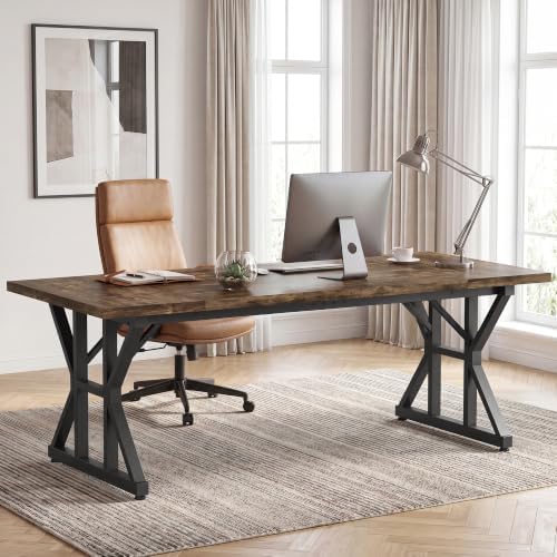 YOUDENOVA 71 Inch Executive Desk, Large Computer Office Desk Workstation with Thick Desktop & Heavy Duty Metal Legs, Modern Industrial Wood Writing Study Table for Home Office (Grey/Black) by YOUDENOVA