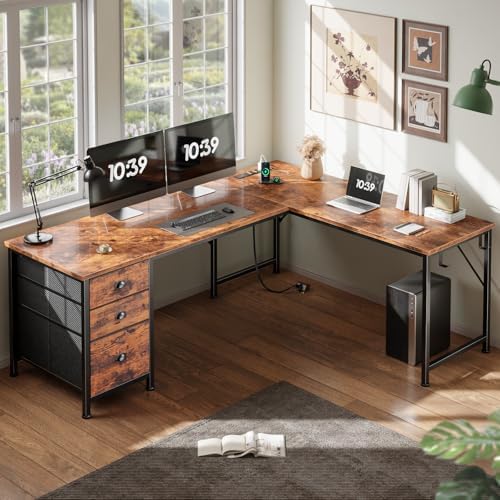 Furologee 63" L Shaped Desk, Office Corner Desk with Power Outlets, Brown - Image 2