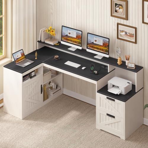 63" Farmhouse L Shaped Desk with Drawers and Printer Stand for Home Office by TVU