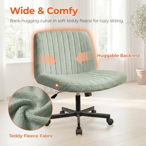 Orange Factory Criss Cross Chair with Wheels, Wide Vanity Seat, Green Teddy - Image 3