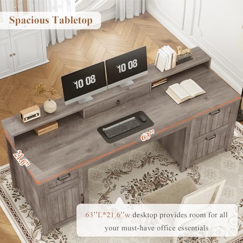 SEDETA 63" Farmhouse Executive Desk with Drawers and Storage Cabinet, Grey - Image 4