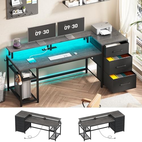 SEDETA 59" Office Desk with File Drawers, Reversible Computer Gaming Desk with Storage, LED Lights & Power Outlet, Home Office Desks for Printer, Grey - Image 3