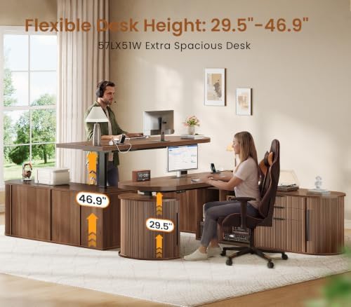 SEDETA 57" L Shaped Standing Desk with Storage, Electric Height Adjustable Curved Executive Desk, Fluted Desk with Drawers & Power Strip for Home Office, Brown - Image 4