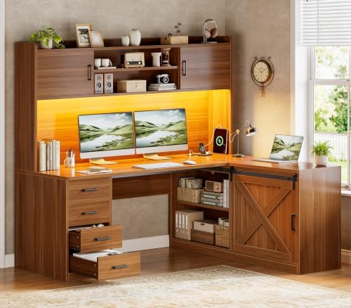 SEDETA 55” Farmhouse L Shaped Desk with 4 Drawers, Hutch, Corner Computer Desk with Storage Drawers, L Shaped Gaming Desk with LED Light and Power Outlet for Home Office, Brown by SEDETA