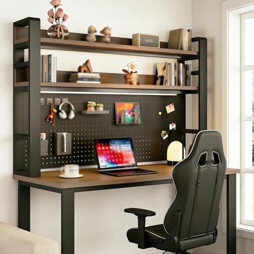 2/3/4 Tier Desk Hutch, Freestanding Desktop Bookshelf, Metal Desk Shelf with Pegboard, Desk Shelves for Top, for Dorm Office and Home(Black+Black Walnut,37 * 9 * 37in) by ZUGIATP