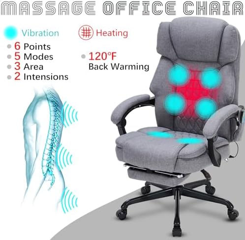 Massage Office Chair with Foot Rest 6 Points Vibration and Heat Home Office Desk Chairs for Heavy People 400lbs Reclining Managerial Chairs Ergonomic Executive Chair (Grey) - Image 3