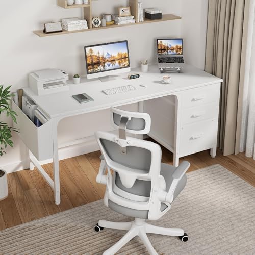 Lufeiya White Computer Desk with Fabric File Drawers Cabinet, 55 Inch Reversible Desks with Storage Filing Cabinet for Home Office, Modern Writing Table PC Desks for Bedroom, White - Image 2
