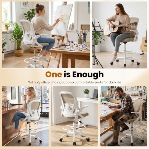 Primy Drafting Chair Tall Office Chair with Flip-up Armrests Executive Ergonomic Computer Standing Desk Chair with Lumbar Support and Adjustable Footrest Ring（Khaki） - Image 5