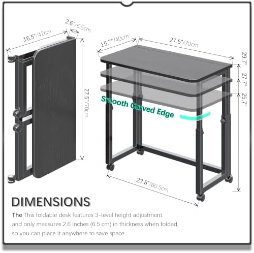 4NM No Tool Assembly 27.5" Small Desk, Folding Portable Desk with Wheels, Adjustable Height Foldable Computer Home Office Desks, Collapsible Study Writing Table for Space Saving Bedroom - All Black - Image 2