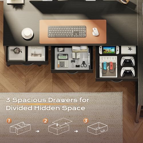 PRAISUN 55 Inch L Shaped Office Desk with Power Outlets and Type-C Port, Large Computer Gaming Desk with 3 Fabric Drawers, Mesh Shelves, Corner Study Work Writing Desk, Black - Image 7