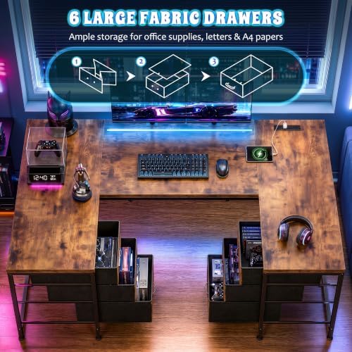 DurayLoly 67" Large Gaming Desk with Power Outlets for Bedroom,Brown - Image 5