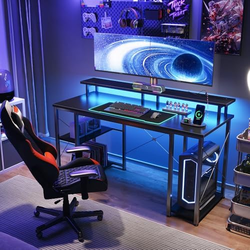 ODK 48 Inch Gaming Desk with LED Lights & Storage Shelves, Carbon Fiber - Image 5