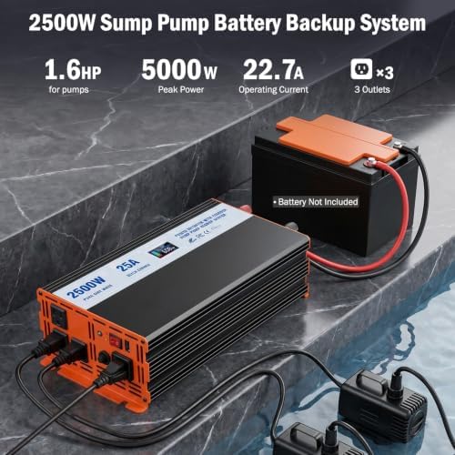 Sump Pump Battery Backup System, 2500W Pure Sine Wave Inverter with LCD Display, Auto Switches to Battery Power for Continuous Sump Pump Operation, for Basement Flood Protection&Power Outage Emergency - Image 2