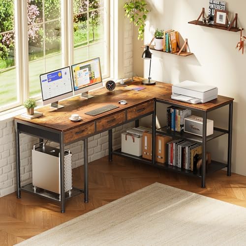 PRAISUN 55 Inch L Shaped Office Desk with Power Outlets and Type-C Port, Large Computer Gaming Desk with 3 Fabric Drawers, Mesh Shelves, Corner Study Work Writing Desk, Rustic Brown - Image 2