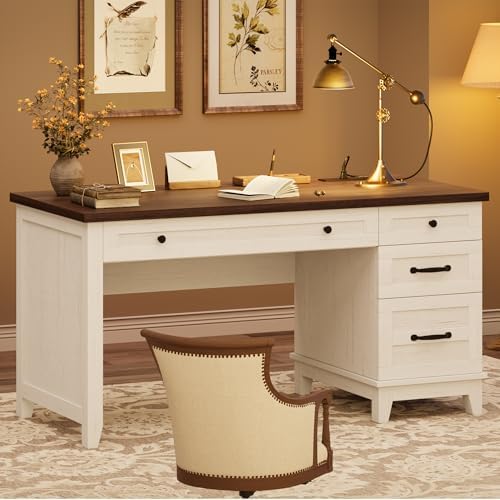 53.5" Executive Desk with Power Outlet, Home Office Desk with Drawers, Wooden Work Desk with File Cabinet, Computer Desk for Work, Study, Writing, White and Brown - Image 5