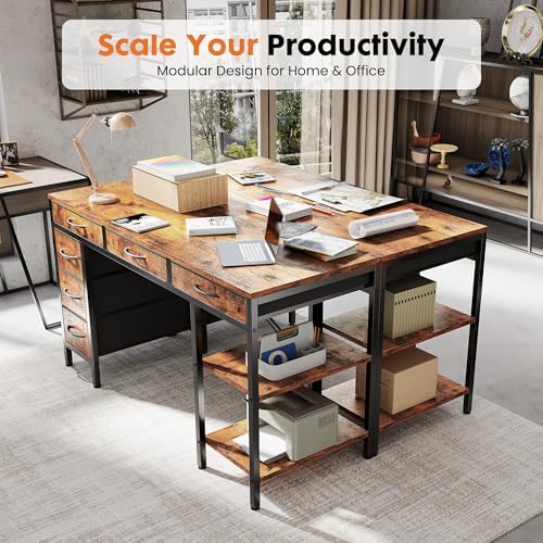 Sweetcrispy 55" Computer Desk with 6 Fabric Drawers & Storage Shelves - Image 4
