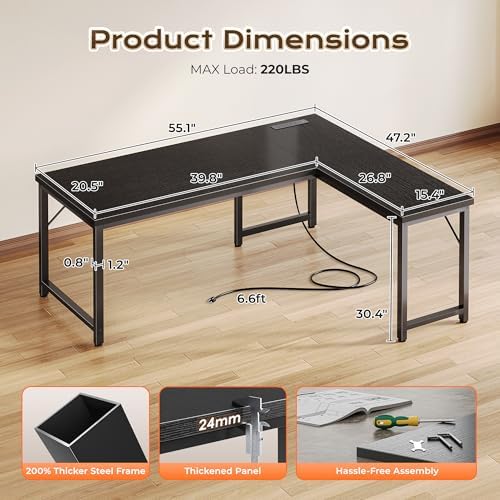 Huuger 55 Inch L Shaped Desk with Power Outlets & 0.95 Inch Thicker Desktop - Image 3