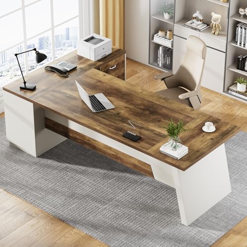 Tribesigns 78" L-Shaped Executive Desk, Large Modern Office Desk with Drawers and Lateral File Cabinet, Business Furniture with Storage Shelves, Big Computer Desk for Home Office (Brown + White) - Image 3