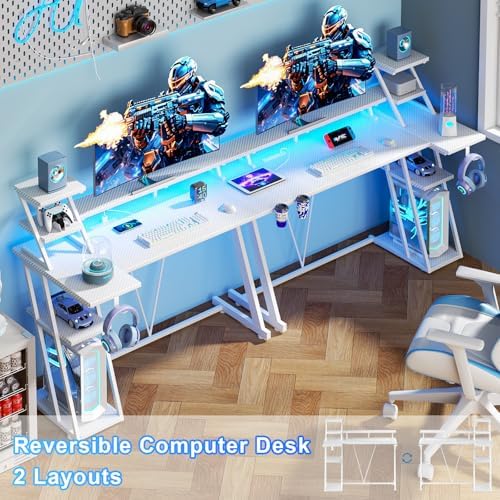 Korfile 47 Inch White Gaming Desk with LED Lights & Power Outlet, L Shaped Gaming Table with Storage Shelves, Gamer Workstations with Monitor Stand for Bedroom - Image 3