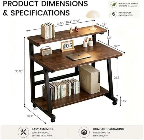 31.5 Inch Compact Rolling Computer Desk with Tier Worktable & Lockable Wheels, Small Computer Desk, Small Desk for Bedroom, Mobile Writing Workstation Easy Assembly for Home Office Small Spaces - Image 3