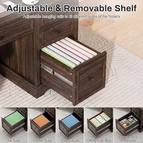 Vipbear 60" Farmhouse Executive Office Desk with Drawers and File Cabinet, Embossed Texture Wood Home Office Desk, Rustic Computer Desk, Workspace for Work Study Writing, Brown - Image 5