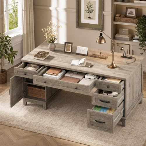 IDEALHOUSE 60" Farmhouse Wooden Home Office Executive Desk with Drawers by IDEALHOUSE