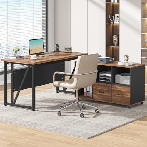 Tribesigns 55-Inch Executive Computer Desk with 43-Inch Lateral File Cabinet, Large Workstation Business Furniture, L Shaped Desk with Drawers and Storage Shelves for Home Office, Walnut - Image 3