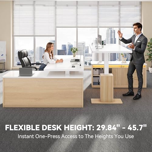 YITAHOME L Shaped Standing Desk with Power Outlets & LED Lights, 63" Electric Standing Desk Adjustable Height Sit Stand Corner Standing Desks with Drawers & Sliding Door, High-Gloss White+Natural Oak - Image 4