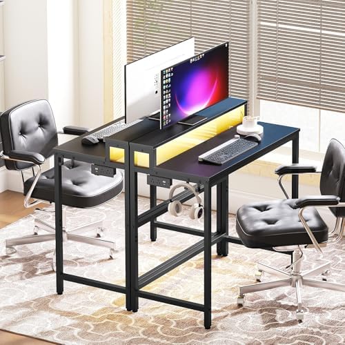 YATINEY Small Computer Desk with Charging Station and LED Lights, Gaming Desk with Monitor Stand, 2-Tier Home Office Desk with 4 Side Hooks, for Living Room, Home Office, Black DN01UDBBY2 - Image 4