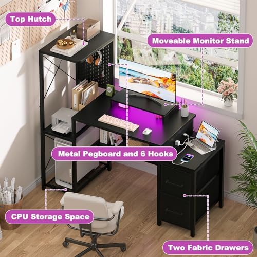 Small Gaming Desk with 2 Fabric Drawers - Reversible Computer Desk with Power Outlet & LED Lights, 49" Office Desk with Monitor Stand & Storage Shelves, Writing Study Table with Pegboard, Black - Image 4