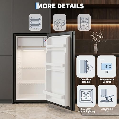 3.2 Cu. ft. Mini Refrigerator, Single-Door Compact Fridge with Freezer, with LED, Adjustable Shelves, for Dorm, Office, Bedroom, Kitchen, Bar - Image 5