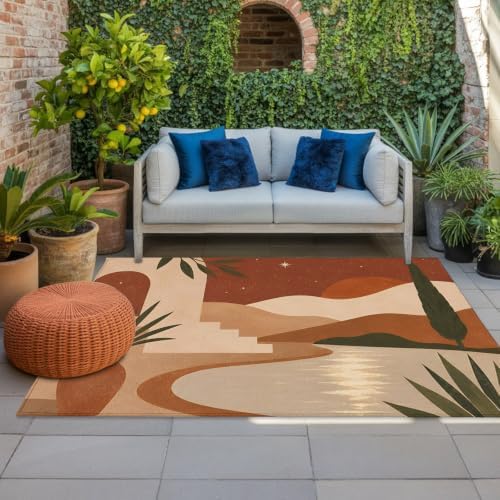 Boho Dessert 6x9 Waterproof Outdoor Rug with Non‑Slip Backing Modern Stucco Archway River Stream Machine Washable Deck Patio Rug Mat for Camping, RV, Garden, Balcony Pool by Unknown