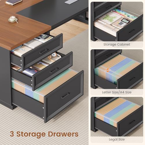 SEDETA 78.7" L Shaped Executive Desk with Charging Station, Large Home Office Computer Desk with File Drawers & Adjustable Storage Cabinet, CPU Stand, Modern L Desk for Business, Black + Brown - Image 4